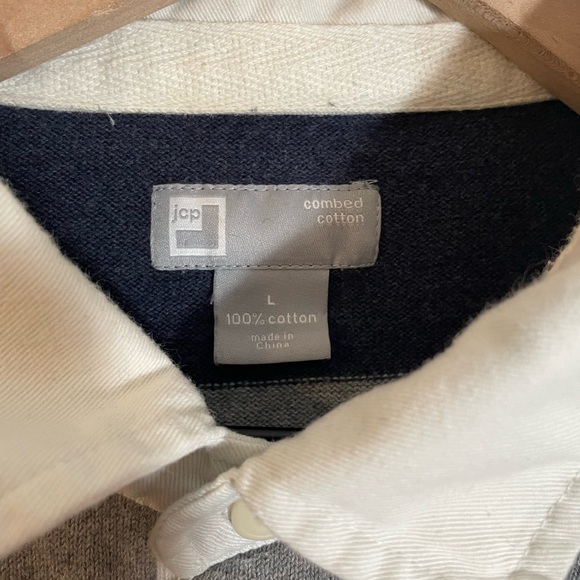 JCP Combed Cotton Striped Long Sleeve Polo Shirt Gray Blue Size Large Y2K Preppy - Picture 2 of 9